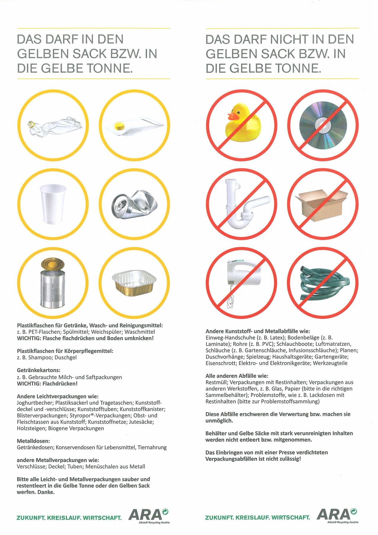 Das Bild zeigt verschiedene Abfallarten mit Anweisungen zum Recycling. Es zeigt Plastikflaschen, Dosen und Folienverpackungen, die nicht recycelt werden sollten. Es veranschaulicht auch andere Gegenstände wie Gummispielzeug, CDs, Rohre, Kartons, Dosen, Alufolie und elektrische Kabel, die nicht recycelt werden können. Das Bild bietet detaillierte Richtlinien zu dem, was in das Recycling gehören und was nicht.