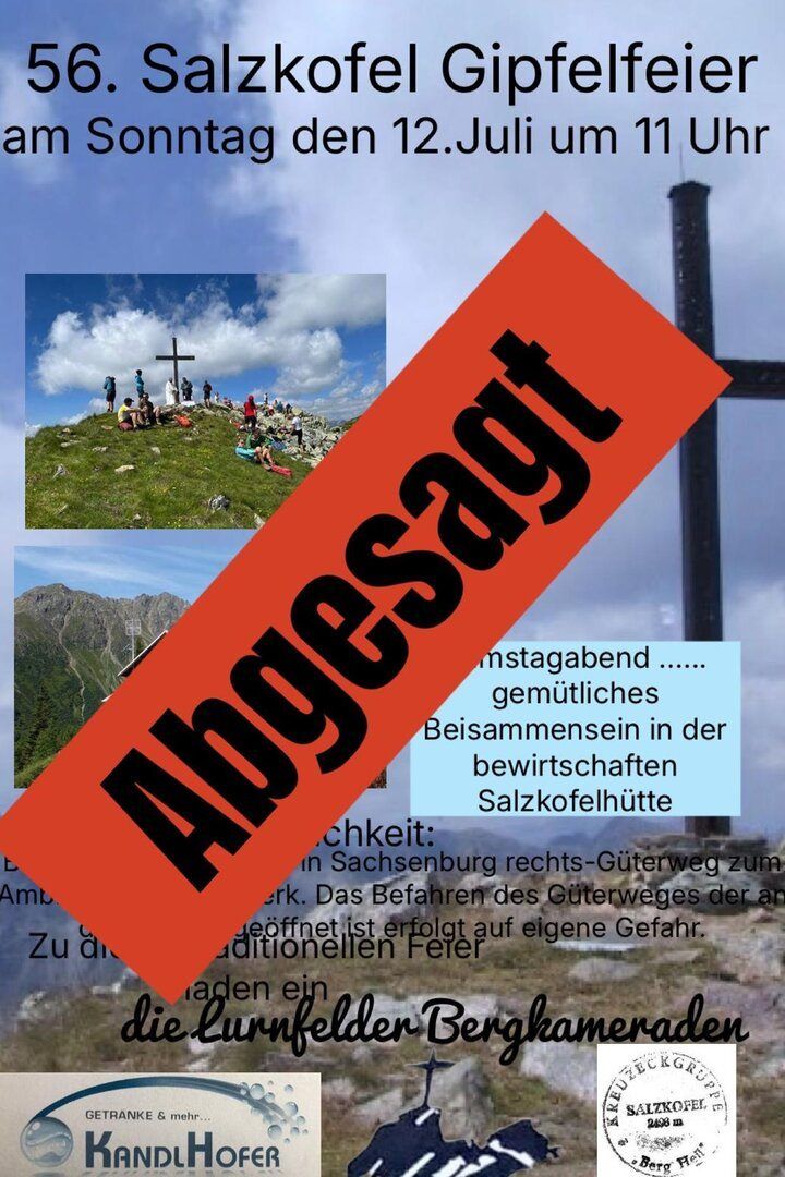 Ein Plakat mit 'Abgesang' in fetten schwarzen Buchstaben vor einer Kulisse von Bergen, einem Kreuz und Menschen. Zusätzlicher Text beinhaltet eine friedliche Versammlungsankündigung auf Deutsch.