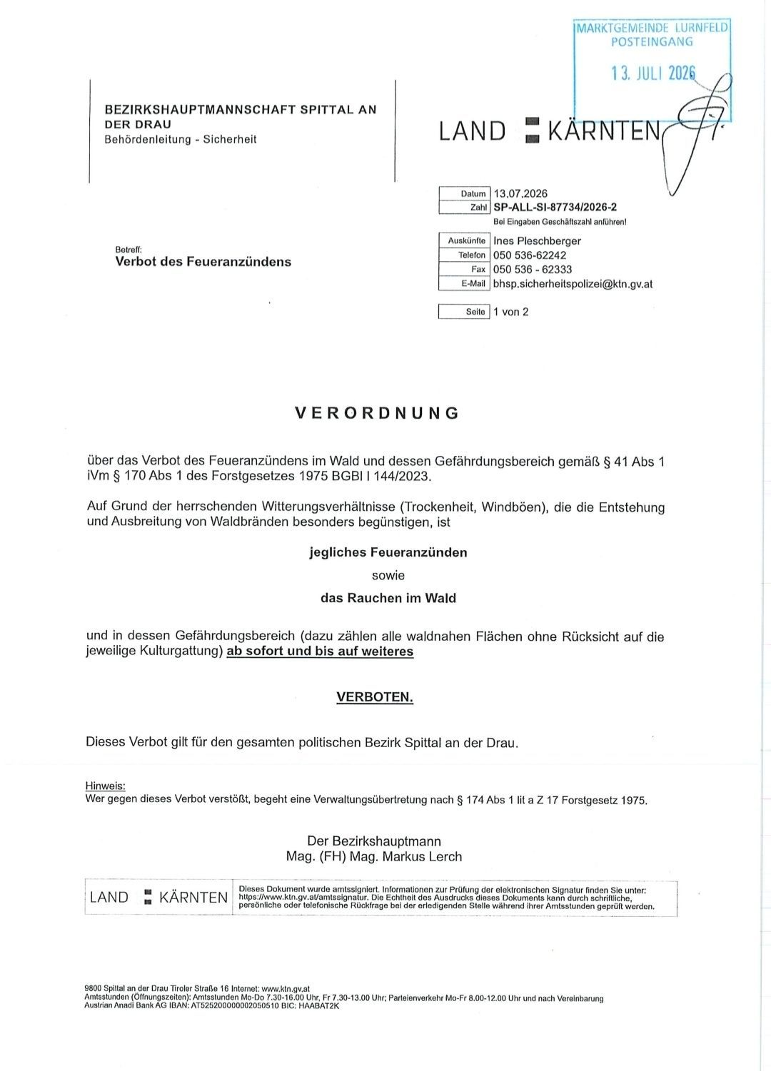 Ein Dokument mit dem Titel 'Verordnung' vom 13.07.2026. Es enthält Details wie Name, Faxnummer, E-Mail und eine Referenznummer. Der Inhalt behandelt ein Verbot des Entzündens von Feuer in Wäldern und deren Umgebung.