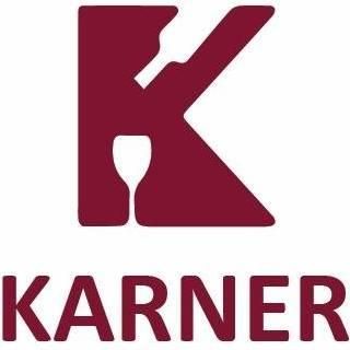 Das rote Logo zeigt einen stilisierten Buchstaben K mit einer Weinflasche und einem Weinglas. Darunter steht das Wort 'KARNER' in fetten roten Buchstaben.
