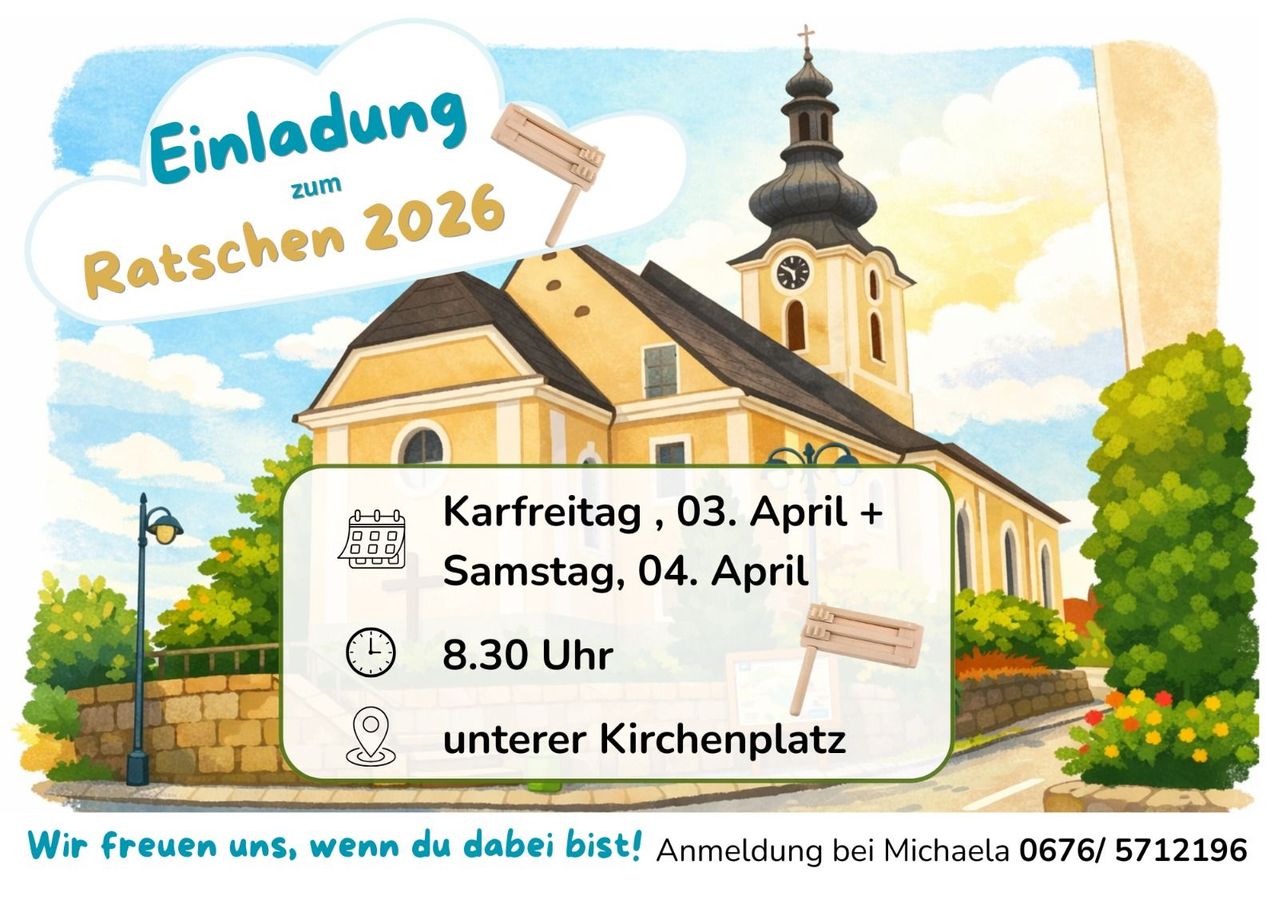 Eine Illustration einer Kirche mit einem Schild, das 'Einladung zu Ostern 2026' lautet. Veranstaltungen am 3. und 4. April um 8:30 Uhr am unteren Kirchenplatz. Begleite uns, wenn du dabei bist! Anmeldung bei Michaela unter 0676.