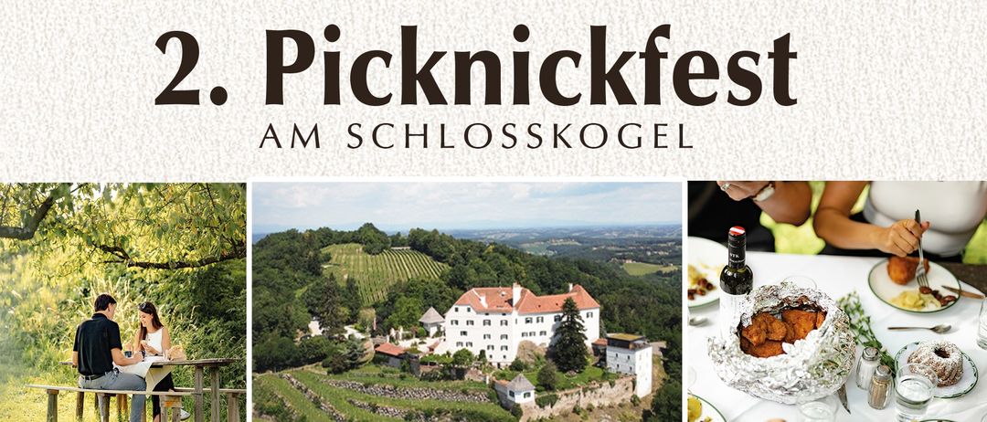 Plakat für das 2. Picknickfest am Schlosskogel am 6. September 2026. Es zeigt ein Paar, das an einem Picknicktisch sitzt, ein Schloss im Hintergrund und einen Tisch mit Essen und Getränken. Die Veranstaltung umfasst Snacks, Getränke und Live-Musik von SOKO DIXIE von 12-15 Uhr.