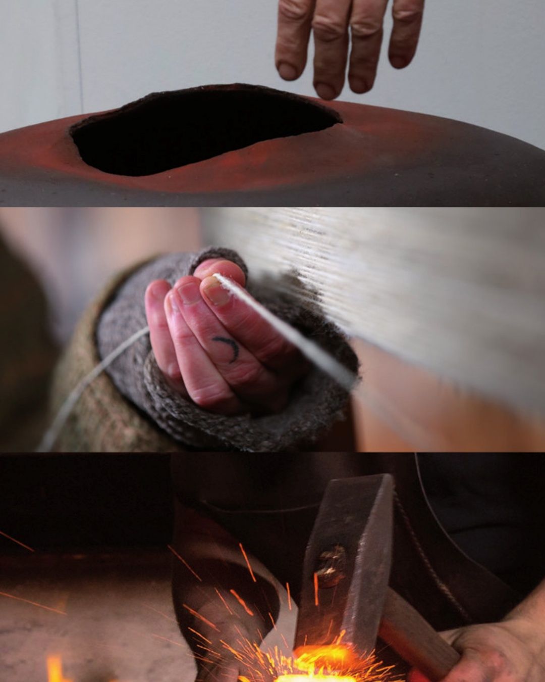 Drei Bilder: Eine Hand, die ein Objekt platziert, Weben von Stoff und Metallbearbeitung mit fliegenden Funken.