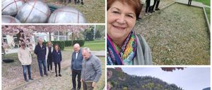 Vier Fotos von Menschen in einem Park unter Kirschblüten. Ein Foto zeigt eine Gruppe, die posiert, ein anderes eine lächelnde Frau. Andere Fotos zeigen Menschen, die Boule spielen, und zwei Männer, die bei einem Denkmal stehen.