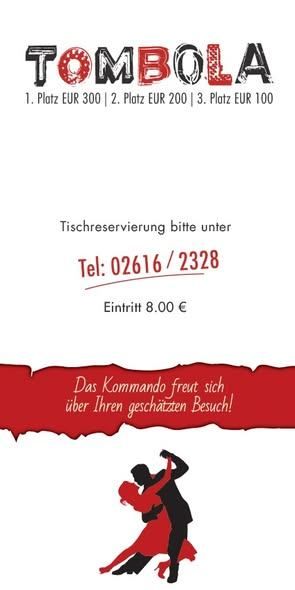 Die Werbung für die Tombo-Veranstaltung zeigt ein tanzendes Paar. Es werden drei Preisplatzierungen mit jeweils einem Geldwert aufgelistet. Tischreservierungen können telefonisch erfolgen. Der Eintritt beträgt 8 Euro. Das Team freut sich auf Ihren Besuch.