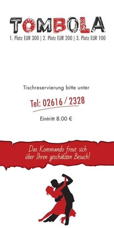 Ein Plakat für eine Tombola-Veranstaltung mit drei Preisen: 1. Platz EUR 300, 2. Platz EUR 200, 3. Platz EUR 100. Tischreservierungsanfragenummer und Telefonnummer sind angegeben. Der Eintritt beträgt 8,00 EUR. Ein tanzendes Paar ist abgebildet.