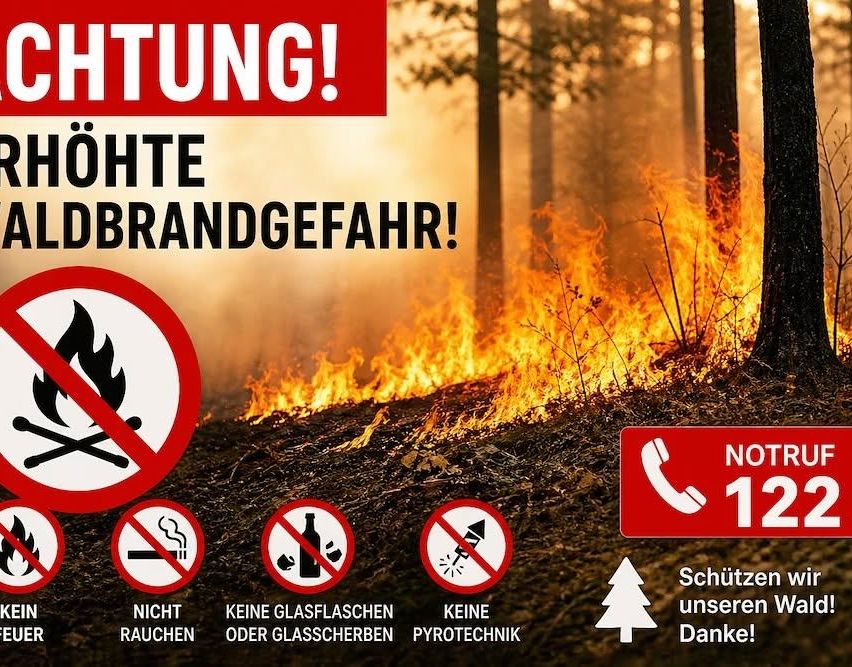 Warnschild für extreme Waldbrandgefahr in einem Wald. Das Schild zeigt 'Extreme Waldbrandgefahr!' mit Verbot von Rauchen, Glasflaschen, Feuerwerk und Pyrotechnik. Notrufnummer 12 ist angegeben.