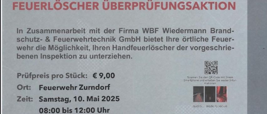 Ein Flyer, der einen Löschwasser-Prüfdienst der Feuerwehr anbietet. Er enthält einen Zeitplan, Preise und Arten von Feuerlöschern.