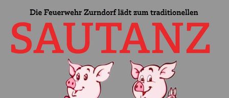 Ein Plakat mit zwei rosa Schweinen mit Schleifen, eines mit einer rosa Schleife und das andere mit einer blauen Schleife, mit dem Text 'Samstag, dem 12.12.2026 im Feuerwehrhaus Zurndorf Beginn ab 11 Uhr' und 'LIVE MUSIK'. Darunter stehen 'Blunz n Presswurst Bratwurstl'.