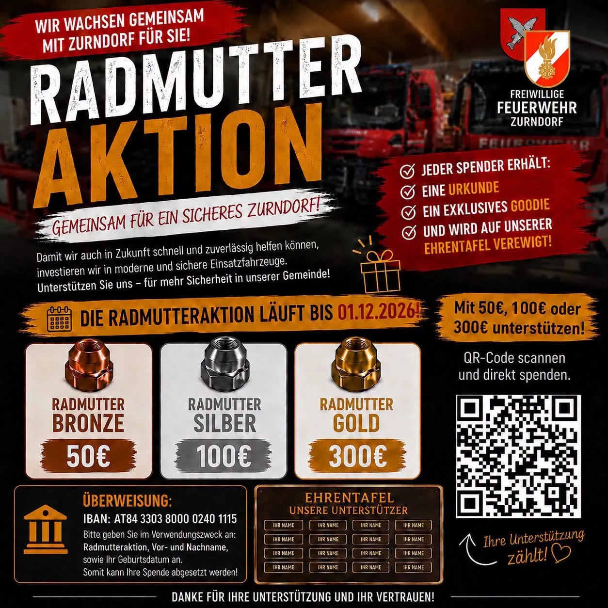 Plakat für die Radmutter Aktion, eine Spendenaktion für die Freiwillige Feuerwehr Zurndorf. Es zeigt einen roten Hintergrund mit verschiedenen Spendenstufen, darunter Bronze, Silber und Gold, jeweils mit einem entsprechenden Betrag. Das Plakat enthält auch einen QR-Code für direkte Spenden.