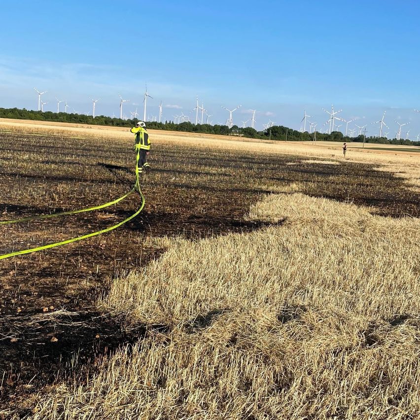Ein Feuerwehrmann steht auf einem Feld mit verbranntem Bereich und gelber Schläuche, mit Windturbinen im Hintergrund.