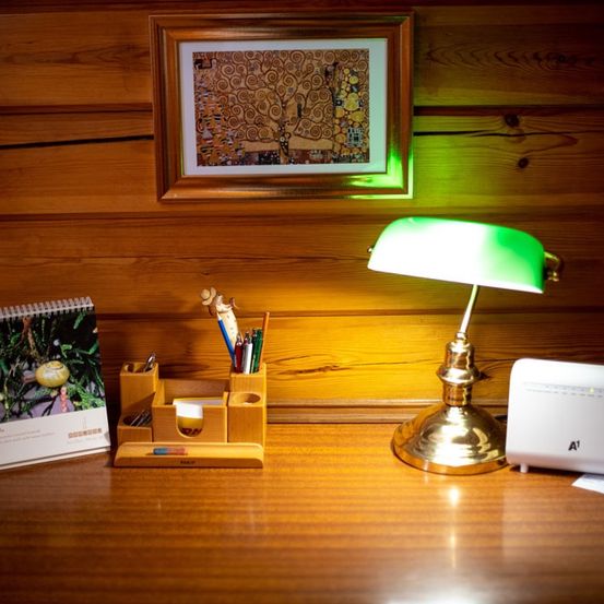 Bild enthält, Wood, Interior Design, Hardwood, Lamp, Book, Table Lamp, Plywood, Table, Laptop, Desk