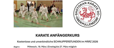 Ein Flyer für einen Karate-Anfängerkurs in Oberpullendorf, Deutschland. Es beinhaltet kostenlose Schnupperstunden im März 2026, beginnend am Mittwoch, 18. März. Das Training findet mittwochs und freitags von 17:30 bis 19:00 Uhr statt. Der Kurs ist Teil des SKAF und konzentriert sich auf Shotokan-Karate. Er bietet Fitness, Sport, Selbstverteidigung und Disziplin für Kinder und Erwachsene. Es wird keine Ausrüstung benötigt und das Training ist kostenlos.