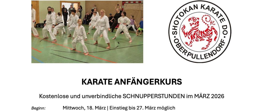 Ein Flyer für einen Karate-Anfängerkurs in Oberpullendorf, Deutschland. Es beinhaltet kostenlose Schnupperstunden im März 2026, beginnend am Mittwoch, 18. März. Das Training findet mittwochs und freitags von 17:30 bis 19:00 Uhr statt. Der Kurs ist Teil des SKAF und konzentriert sich auf Shotokan-Karate. Er bietet Fitness, Sport, Selbstverteidigung und Disziplin für Kinder und Erwachsene. Es wird keine Ausrüstung benötigt und das Training ist kostenlos.