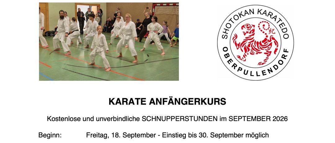 Ein Flyer für einen kostenlosen Anfängerkurs im Karate im September 2026. Der Kurs wird von einem Shotokan Karate-Do-Club angeboten, beginnt am Freitag, 18. September, und kann bis zum 30. September beigetreten werden. Das Training findet mittwochs und freitags von 17:30 bis 19:00 Uhr in der Mittelschule Oberpullendorf statt.