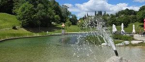 Ein großer Springbrunnen sprüht Wasser in einen Teich, umgeben von Grünflächen und Bäumen. Das Wasser ist klar mit einem sandigen Ufer.