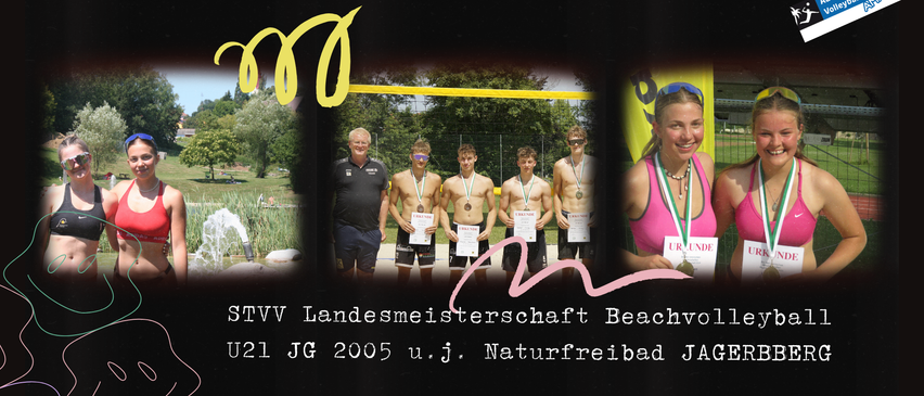 Plakat für die U21 Beachvolleyball-Meisterschaft in Jagerberg. Termine: 12.07.2025 für Frauen, 13.07.2025 für Männer. Anmeldung über Volleynet.at.