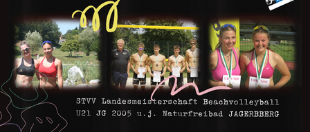Plakat für die STVV U21 Beachvolleyball-Meisterschaft in Jagerberg. Es zeigt Athleten in Aktion, Termine für Frauen am 12.07.2025 und für Männer am 13.07.2027. Anmeldung über Volleynet.at.