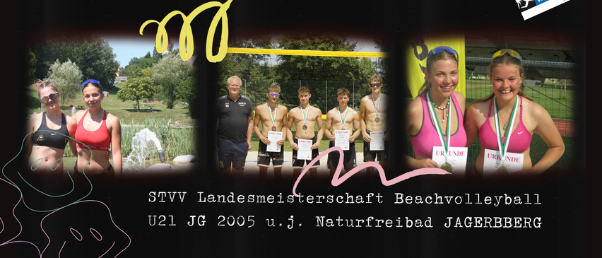 Plakat für die STVV U21 Beachvolleyball-Meisterschaft in Jagerberg. Es zeigt Athleten in Aktion, Termine für Frauen am 12.07.2025 und für Männer am 13.07.2027. Anmeldung über Volleynet.at.