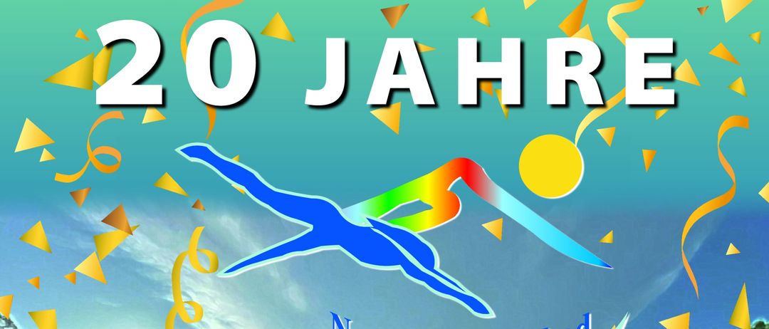 Plakat für das Naturschwimmbad Jagerberg-Event am 2. August mit einem See, einer Taucherfigur und einem Café-Restaurant.