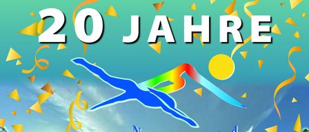 Plakat für das Naturschwimmbad Jagerberg-Event am 2. August mit einem See, einer Taucherfigur und einem Café-Restaurant.