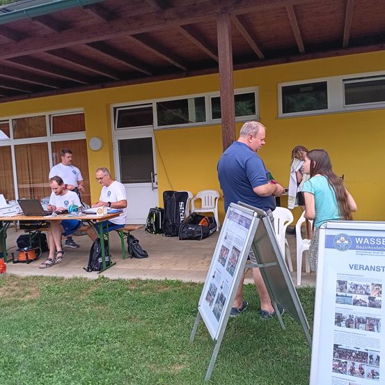 Eine Gruppe von Menschen sitzt an einem Tisch unter einem gelb gestrichenen Pavillon. Zwei Männer sitzen auf einer Bank, während ein Mann in einem blauen Shirt neben einer Frau in einem grünen Shirt steht. Es stehen auch zwei Frauen in der Nähe des Tisches. Ein Laptop liegt auf dem Tisch und ein Whiteboard steht auf dem Rasen.
