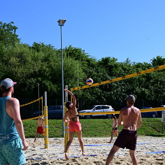 Eine Gruppe von Menschen spielt Beachvolleyball auf einem Sandplatz mit einem gelben Netz. Eine Person springt, um den Ball zu schlagen. Bäume und geparkte Autos sind im Hintergrund.