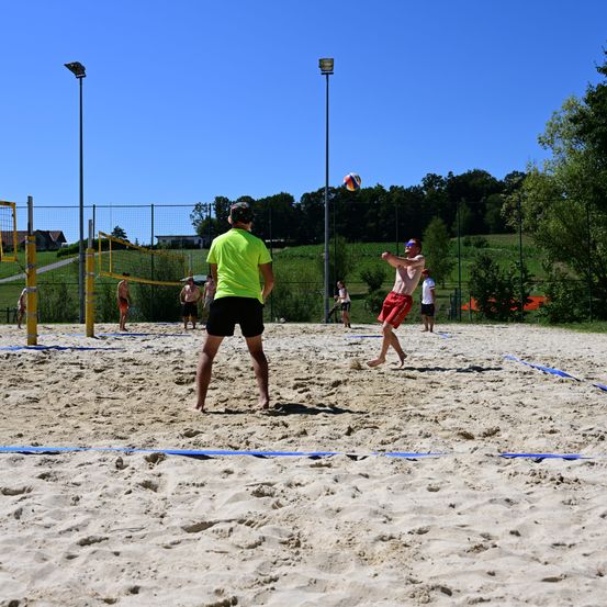 Eine Gruppe von Menschen spielt an einem sonnigen Tag Beachvolleyball. Das Netz ist gelb und der Sand ist braun. Bäume und ein Zaun sind im Hintergrund.