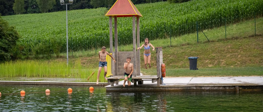 Drei Kinder springen von einer kleinen Plattform in einen See in einer ländlichen Gegend. Dahinter befindet sich ein Maisfeld.