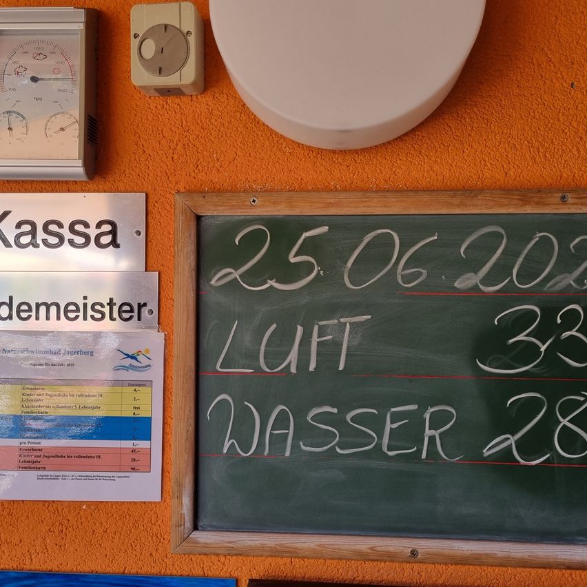 Ein Klassenzimmer mit einer Tafel, auf der '25.06.2022 LUIFT 33 WASSER 28' steht. Links befindet sich ein Schild mit 'Kassa' und 'demeister'. An der orangefarbenen Wand hängen ein Wettermesser und ein rundes Objekt.