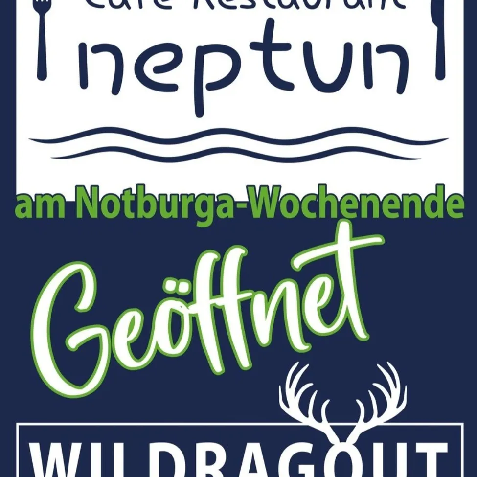 Ein Poster für das Care Restaurant Neptune mit blauem Hintergrund, einer Welle, einem Hirschgeweih und Text auf Deutsch.