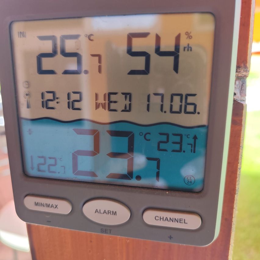Ein digitales Uhr zeigt Temperatur, Luftfeuchtigkeit und Datum an. Die Temperatur beträgt 23,1 Grad Celsius, die Luftfeuchtigkeit 54% und das Datum ist Mittwoch, 17. Juni.