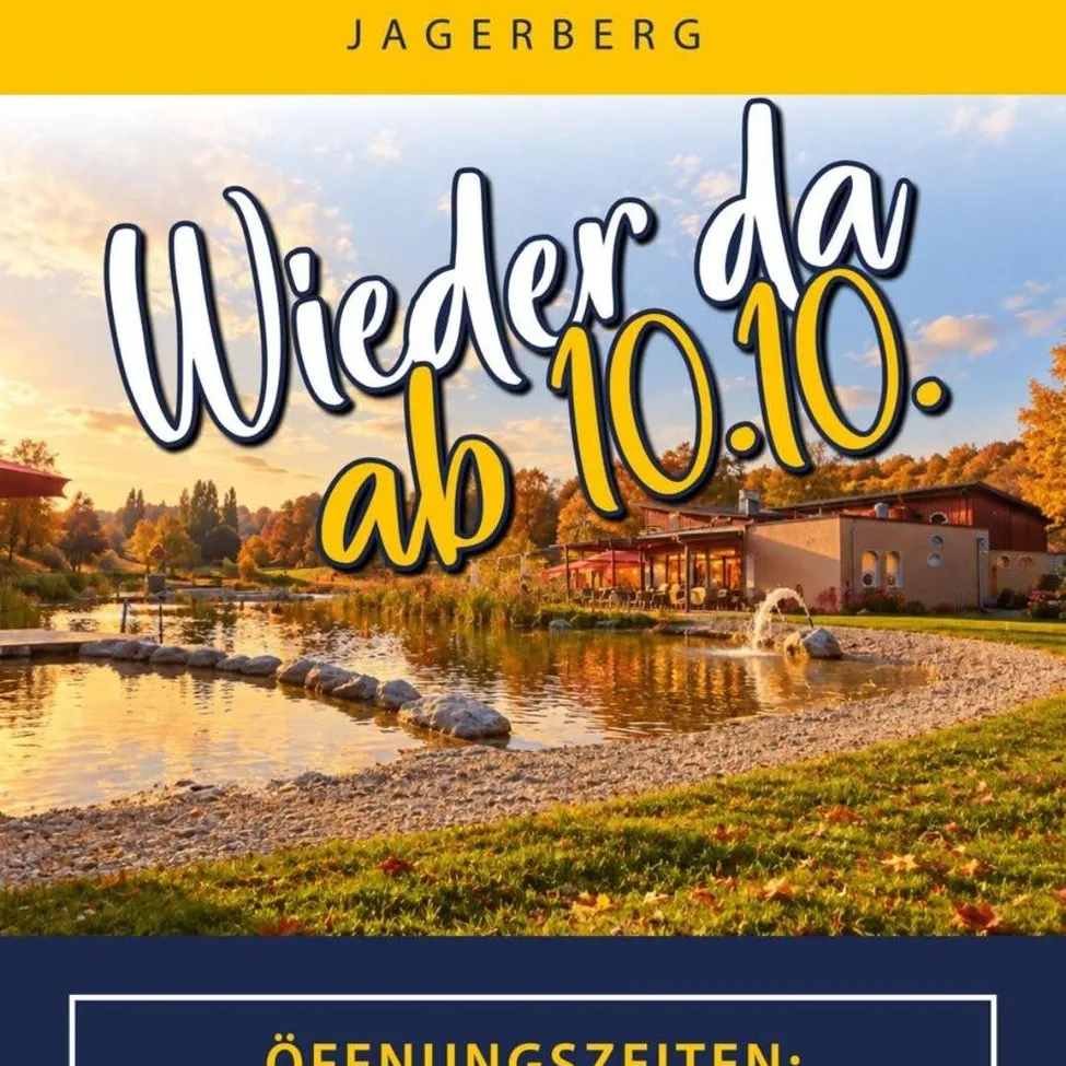Ein Plakat für das Café Restaurant Neptun in Jagerberg. Das Plakat zeigt eine ruhige Landschaft mit einem Teich, einem Gebäude und Bäumen. Der Text 'Wieder da ab 10.10.' ist prominent angezeigt.