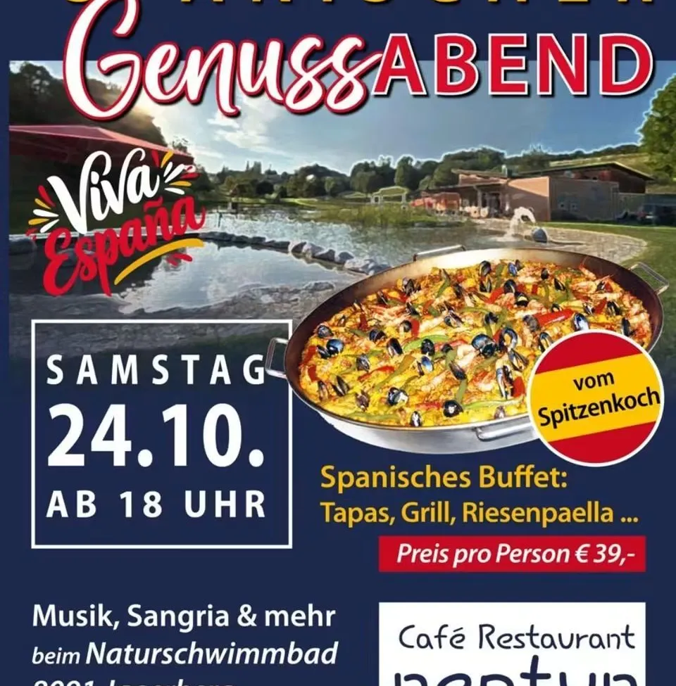 Ein Plakat, das einen spanischen Abend im Cafe Neptun in Jagerberg bewirbt. Das Plakat zeigt ein großes Bild eines spanischen Gerichts, Tapas, und eine spanische Flagge. Das Plakat enthält auch Informationen über die Veranstaltung, wie Datum, Uhrzeit und Preis.