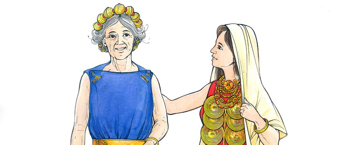 Illustration von zwei Frauen in historischer Kleidung. Eine in einem blauen Kleid und die andere in einem roten Kleid mit einem goldenen Gürtel.