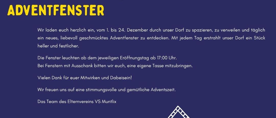 Ein Bild mit blauem Hintergrund zeigt eine Einladungskarte für ein Adventsfenster-Erlebnis. Es zeigt einen Halbmond und Sterne und lädt Besucher vom 1. bis 24. Dezember ein, täglich ein neues, schön geschmücktes Adventsfenster zu erkunden. Jedes Fenster leuchtet um 17:00 Uhr am Eröffnungstag. Zeichnungen von Häusern mit Fenstern sind ebenfalls enthalten.