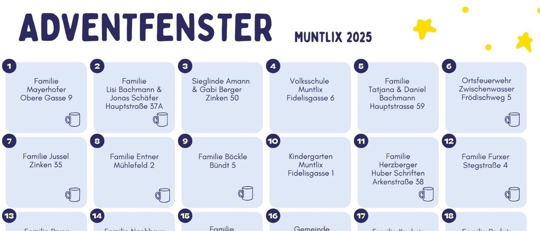 Ein Kalender mit dem Titel 'VENTFENSTRER MUNTLXI 2025' zeigt verschiedene Familien- und Ortsnamen in einem Raster angeordnet. Jeder Eintrag enthält eine Nummer und eine kurze Beschreibung, wie 'Familie Lisi Bachmann & Jonas Schäfer Hauptstrasse 37A'. Der Kalender hat ein verspieltes, farbenfrohes Design.