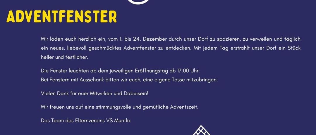 Eine Anzeige für ein Adventskalender-Event in einem Dorf. Vom 1. bis 24. Dezember wird täglich ein neues, liebevoll gestaltetes Adventsfenster enthüllt. Jedes Fenster leuchtet um 17:00 Uhr am Eröffnungstag. Bei Fenstern mit Austausch bitten wir um eine eigene Tasse. Vielen Dank für Ihre Mitarbeit und Teilnahme!
