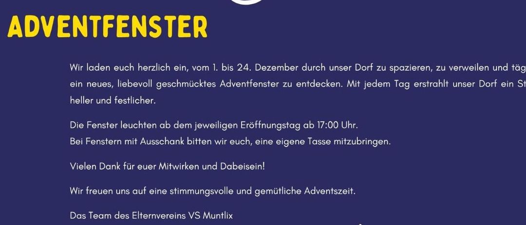 Werbung für einen Adventskalender im Dorf vom 1. bis 24. Dezember. Jeden Tag wird ein neues Fenster enthüllt, das dem Dorf Freude bringt. Die Fenster leuchten am Eröffnungstag ab 17 Uhr.