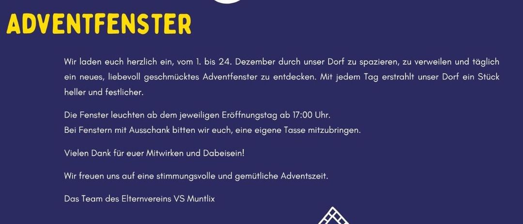 Plakat für ein Adventfenster-Event. Vom 1. bis 24. Dezember entdecken Sie täglich ein neues, liebevoll gestaltetes Adventfenster im Dorf. Jeden Tag strahlt das Dorf ein bisschen heller und festlicher.