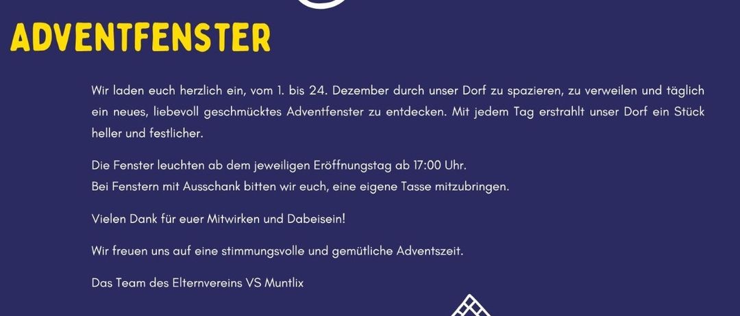 Ein Plakat lädt Besucher ein, vom 1. bis 24. Dezember das Dorf zu erkunden und täglich ein neues, liebevoll dekoriertes Adventsfenster zu entdecken. Das Dorf leuchtet an jedem Öffnungstag um 17:00 Uhr. Bei Fenstern mit Austausch bitten wir um eine Spende einer Tasse. Vielen Dank für Ihre Teilnahme. Wir wünschen Ihnen eine fröhliche und gemütliche Adventszeit.