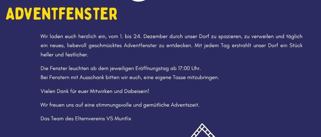 Plakat zur Weihnachtsfenster-Veranstaltung vom 1. bis 24. Dezember. Mit Illustrationen von Häusern und einem Halbmond lädt es ein, täglich ein neues, liebevoll geschmücktes Adventsfenster zu entdecken. Das Event beleuchtet jedes Haus am Eröffnungstag um 17:00 Uhr. Vielen Dank für Ihre Mitwirkung und Anwesenheit.
