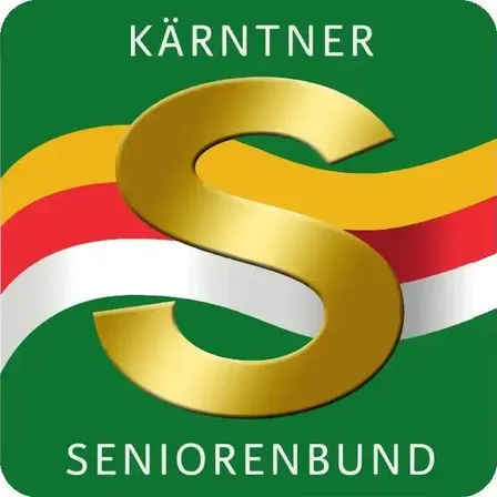 Das Logo für Karntner Seniorenbund, mit einem goldenen Buchstaben S auf einem grünen Hintergrund mit einem bunten Streifenmuster.
