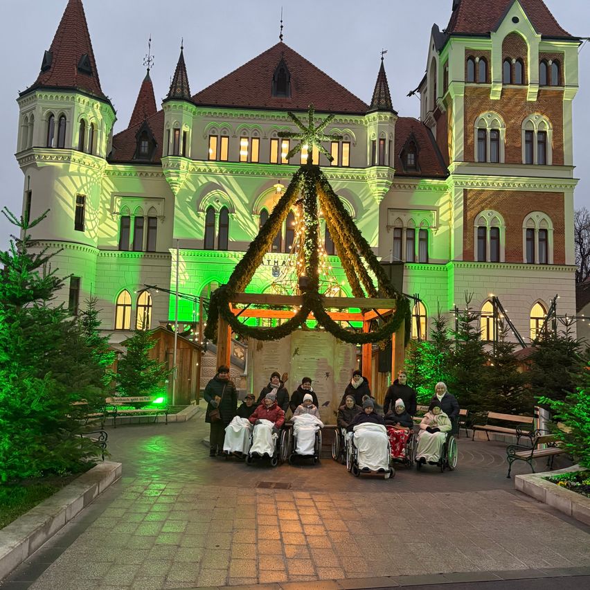 Mehrere Menschen in Rollstühlen posieren für ein Foto vor einem Gebäude mit einem Weihnachtsbaum und Dekorationen.