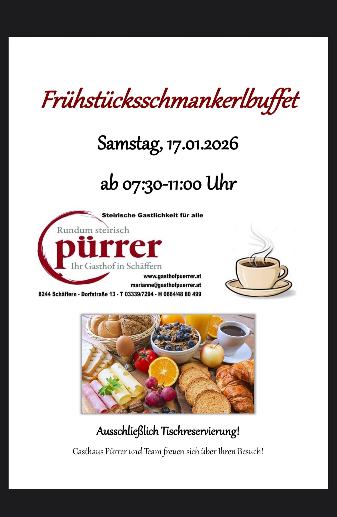 An advertisement for a breakfast buffet at Gasthof Pürrer, a Styrian inn, on Saturday, January 17, 2026, from 7:30 to 11:00 AM. It includes a variety of breakfast items such as bread, eggs, fruits, and coffee. Contact information and website are provided.