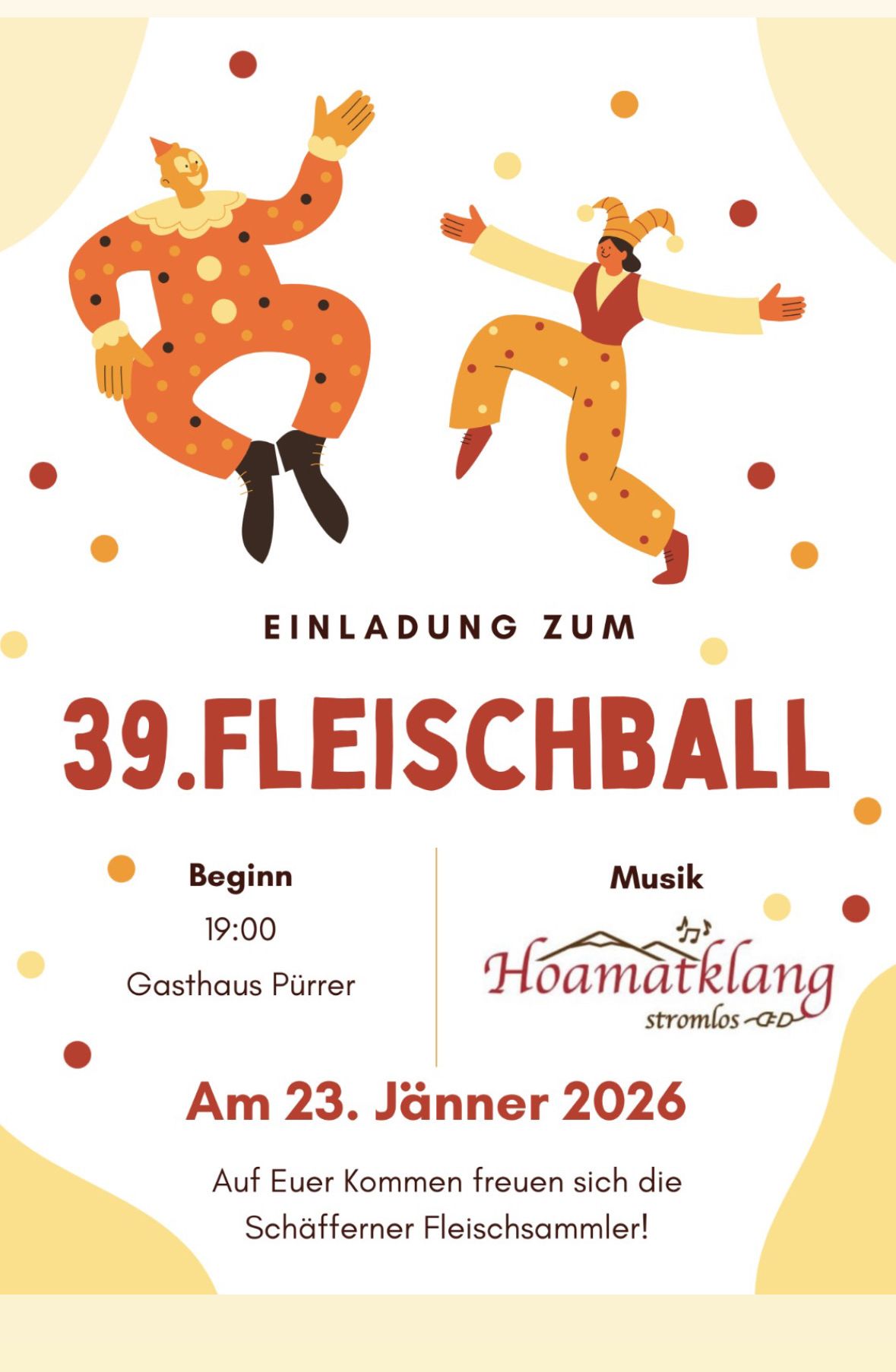 An invitation to the 39th Fleischball event. It starts at 7 PM at Gasthaus Purrer, with music by Hoamatklang. Date: January 23, 2026.