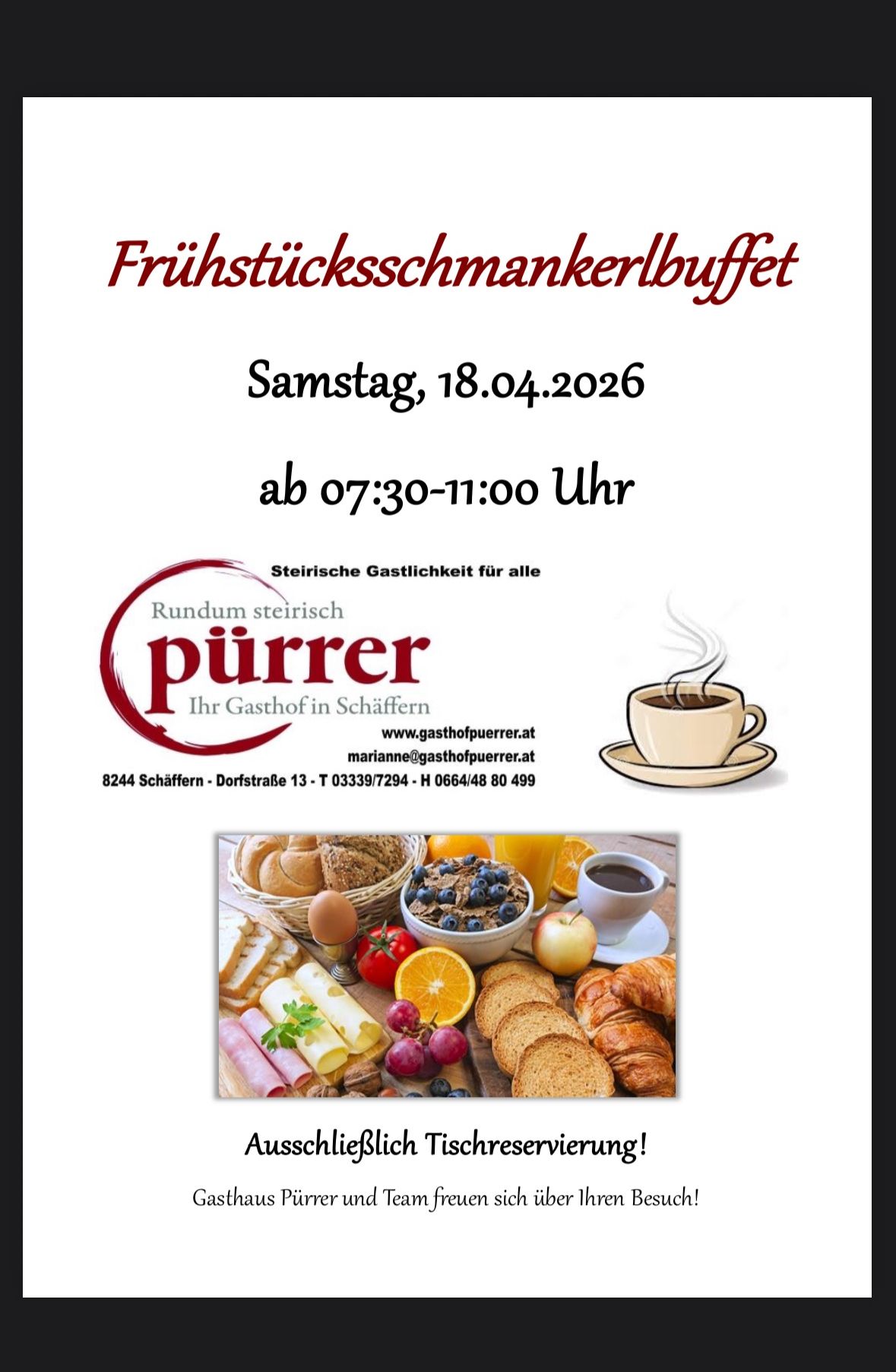 Ein Frühstücksbuffet mit verschiedenen Speisen und Getränken wird für Samstag, 18.04.2026 von 07:30-11:00 Uhr beworben. Kontaktdaten und eine Website sind angegeben.