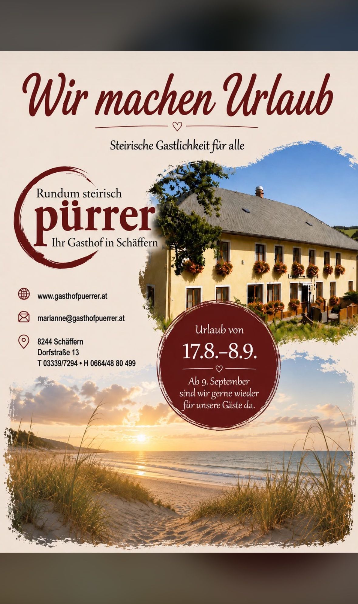 An advertisement for Gasthof Puerrer in Schaffern, featuring a yellow house with flower boxes, a sunset, and a beach. The text includes the address, phone number, and website.