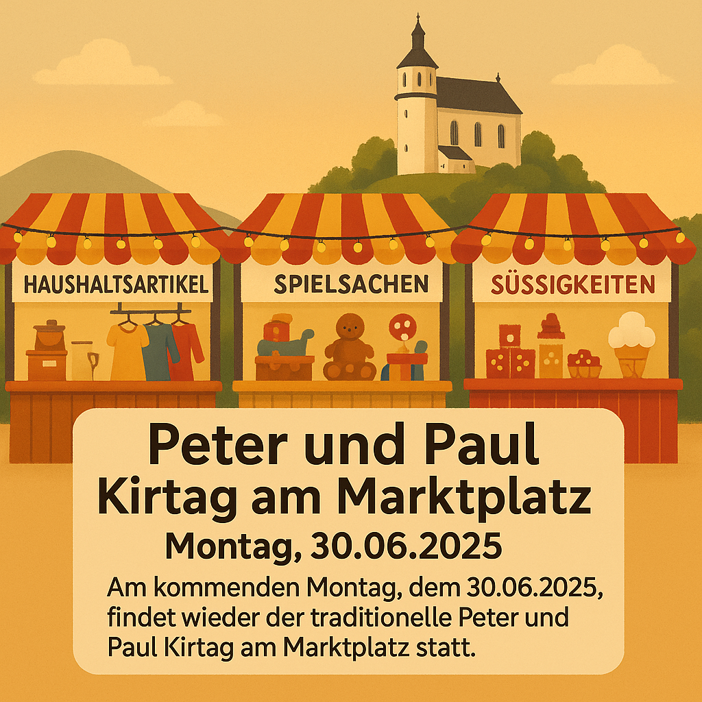Eine Werbung für den Peter und Paul Markt, der Stände für Haushaltsartikel, Spielzeug und Süßigkeiten zeigt. Die Veranstaltung ist für Montag, den 30.06.2025 geplant.