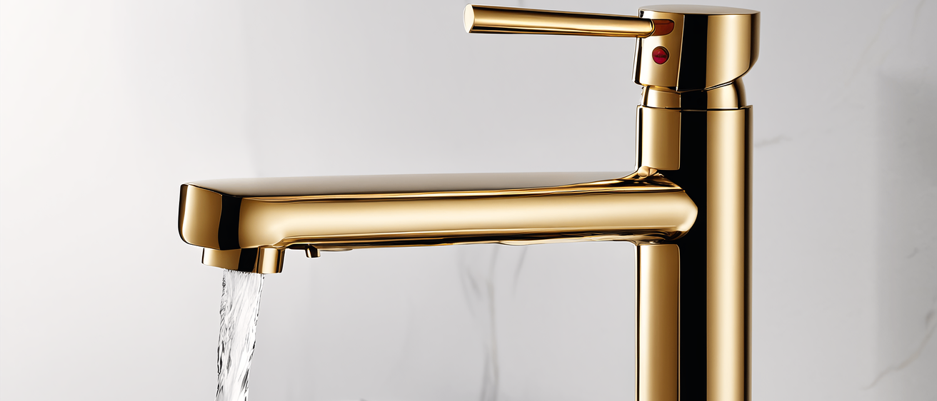 Ein goldener Wasserhahn, der an einem Marmorwaschbecken montiert ist, mit Wasser, das aus dem Hahn fließt.